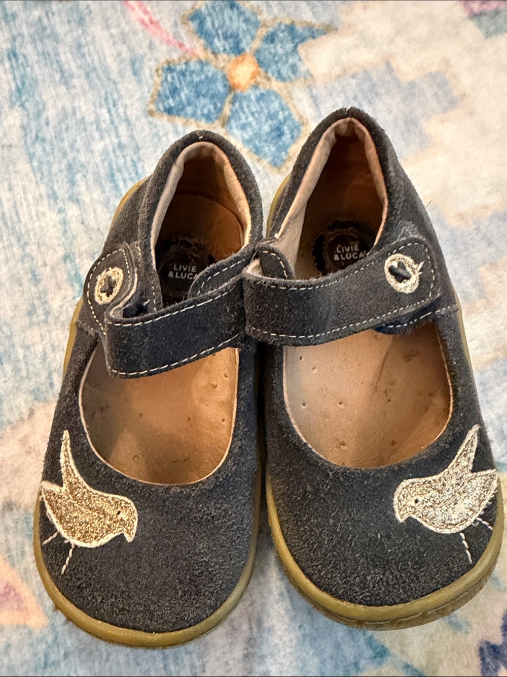 Livie & Luca Navy Mary Janes with Gold Bird Accent